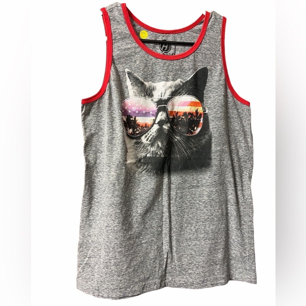 Feline Freedom Gray Cool Cat Tank Top with Red Accents